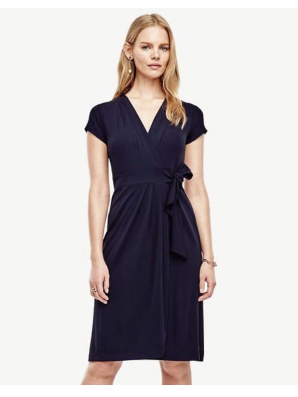 Ann Taylor Navy Wrap Midi Dress with Side Tie